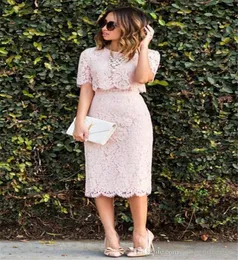 Modest Two Piece Pink Kne Length Cocktail Dresses Kort med 12 ärmhylsa spetsar Kvällsklänningar Formella kvinnliga examenklänningar2548314