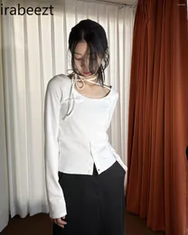 여자 T 셔츠 간단한 디자인 가슴 스 플라이 싱 둥근 목 매달린 스트랩 슬림 한 긴 소매 티셔츠 탑 Roupas femininas estilosas