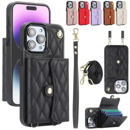 Long Lannard Flip Leather Phone Case for iPhone 15 Pro Max 14 Plus 13 12 11 X XS XR SE 8 7 Wallet Card Cover