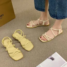 Sandals Sandals for Woman Roman Style Women's Shoes Beige Summer 2023 Beach Footwear Outdoor Flat Rubber No Heel Anti Slip Hot H Casual