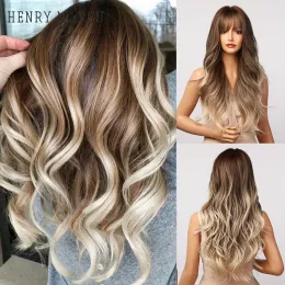 Wigs Henry Margu Brown White Ash Grey Grey Blonde Ombre Sintetico parrucche per donne nere Afro Long Wavy Wig con Bangs Lolita cosplay parrucche