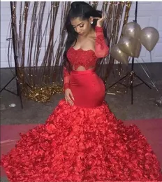 Red Mermaid Prom Dresses Sexiga Cutaway Sides Applices 3D Flowers Train African Long Sleeves Evening Dress for Black Girls Formal P3766936