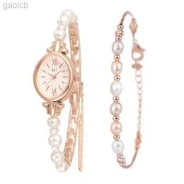 Wristwatches Casual Pointer Quartz Watch Sweet and Elegant Wrist Watch 1pc Natural Freshwater Pearls Bracelet Gift for Women Her 24319