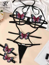 Sexy set Singreiny Butterfly Hollow Out Sexy Lingerie Playsuits Halter ملابس داخلية عارية الذراعين مجموعات النساء الإباحية الإثيبي الحسية 24319