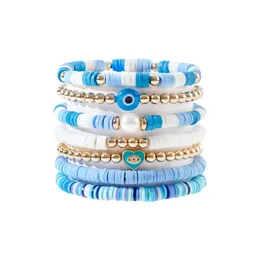 7Pcs/Set Clay Beads Bracelets Preppy Heishi Stretch Friendship Bracelet Stackable Gold Star Pearl Evil Eye Strands Boho Summer Beach Jewelry US Flag Xmas Gifts