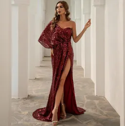 2022 Сексуальное платье для выпускного вечера с блестками и длинными рукавами для выпускного вечера Бордовое вечернее платье Bling Party Платье подружки невесты больших размеров FS9641 C0602W126372907