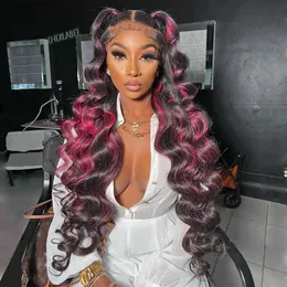 Syntetiska peruker Markera spetsens front peruk Mänskligt hår 180% densitet 13x4 Body Wave Ombre Spets Front Wig Human Hair HD Spetsfärgade peruker 1B/Pink Wig 240328 240327