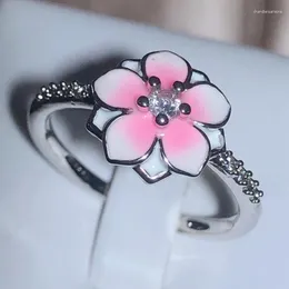 Cluster Rings Romantic Cherry Blossom White Zirconia Ring Ladies 925 Stamp Emamel Drip Jewelry Wedding Party Japanese Gift