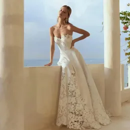 Romantic Floral Lace A Line Wedding Dresses Backless Simple Satin Sweep Boho Beach Sexy Sweetheart Train Bride Robes Reception Dress YD