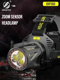 XHP360高出力釣りヘッドランプ充電式ライトヘッドライトキャンプハイキングLED懐中電灯は、銀行として使用できます240306