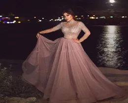 Vestido de noite muçulmano rosa poeirento, gola alta, ilusão, manga comprida, cristal, frisado, plus size, vestidos formais árabes para mulheres, dubai, baile4174677