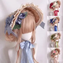 Elegant Lolita French Hat Bonnet Lace Flower Ribbon Flat Top Sunscreen Straw Accessories Birthday JY21 22 Dropship 240309