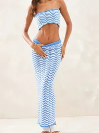 Kadın Twopiece Summer Beach Suits Boho Wavy Striped Baskı Straplez Örgü Tüpü Topslong Etek Plaj Giyim Setleri 240315