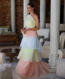 Multi Color Tiered Prom Dresses One Shoulder Ruffles A Line Maxi Dress For Women Layered Pleat Cakecup Boho Formal Wears 326 326