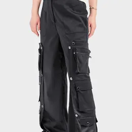 Plus Size Wide Leg Work Trousers Ladies High Waist Black Motorcycle Stacked Fashion Cargo Pants with Pockets for Women