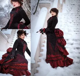 Vintage schwarzes und burgunderrotes Gothic-Hochzeitskleid mit langen Ärmeln, viktorianisches Wanderkostüm, geschäftiger Rock und Samtjacke, Brautkleider 7904480