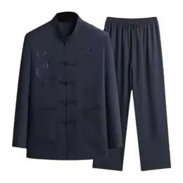 2 PCSSet Men Shirt Pants Set Chinese Tang Suit Loose Elastic Midje Wide Ben Cided Father Farfather Top Trousers 240307