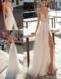 Gali Karten Sexig Beach Aline Wedding Dresses Side Split Spaghetti Illusion Boho Wedding Dresses Pearls Backless Bohemian Bridal G5715550