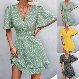 Casual Dresses for Women 2024 Plus Size's Sexy Dot Print Mini Dress Kort ärm V Neck Ruffle A Line Party Beach Comfy Outfits