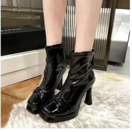 Boots SLTNX New Autumn/winter 2023 Patent Leather High Heels for Women, Midleg Ankle Boots Square Thin with Fleece Chic with Slimming