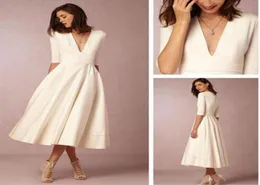 Elegant Tealength Satin Wedding Dresses Deep V Neck A Line White Ivory 12 Long Sleeve Wedding Dress Short Bridal Gowns Vestidos 3868040