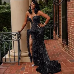 Black Glitter Sequined Evening Dresses Sexy Side Slit Feather Long Prom Dress Sleeveless Strapless Sweetheart Special Ocn Gown