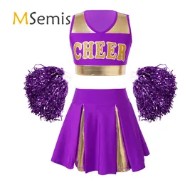 Costume da ballo da cheerleader per bambina senza maniche scollo a V lettere stampato top corto con gonna a pieghe e 2 palline di fiori 240305