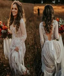 2020 New Arrivel A Line Abiti da sposa Piena di pizzo maniche lunghe Backless scollo a V Sweep Train Abiti da sposa su misura economici Plus Si9727907