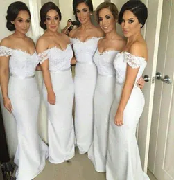 2017 New Fashion Off the Shoulder Mermaid White Bridesmaid Dresses Lace Top Formal Evening Gown Button Long Prom Dress7492576