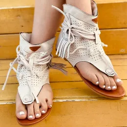 Buty Sandały Kobiet 2022 Retro Gladiator Ladies Clip Toe Vintage Boots Casual Tassel Rome Fashion Summer Woman Buty
