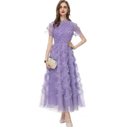 Women's Runway Dresses O Neck Short Sleeves Ruffles Plaid Polka Dots Elegant Mesh Designer Party Prom Vestidos