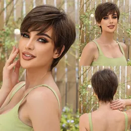 Synthetische Perücken, kurze braune Pix-Cut-Bob-Synthetik-Perücken mit Bnags, natürliche braune Perücke für schwarz-weiße Frauen, Mama, tägliche Party, hitzebeständig, 240328, 240327