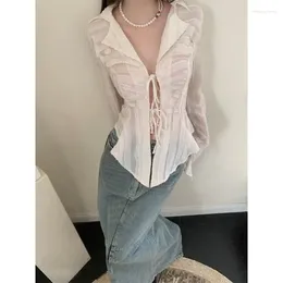 Kadın bluzları Qweek Masore Dantel Up Bluz Kadınlar Uzun Kollu Bahar 2024 Dönüş Yaka Gömlek Bayanlar Top Kore Moda Şık Y2K