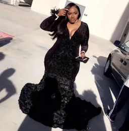 2019 Black Plus Size Prom Dresses Lace Top och Handmade Flower Mermaid Formal Evening Party Gown V Neck Long Sleeve Special Occasi9174363