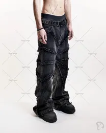 Y2K Punk Black American Street Rock Retro High Waist Oversized Jeans Men Raw Edge Washed Straight Wide Leg Trousers Men 240311