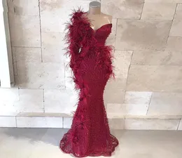 Saudi Arabic Prom Dresses Evening Gowns Sleeves robe de soiree vestido de festa longo Feathers Mermaid Formal Party Dress Bead Cus8490270