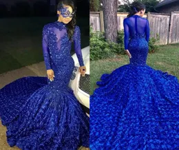 2019 New Elegant Royal Blue Long Sleeves Lace Mermaid Prom Dresses Tulle Applique Beaded 3D Floral Floor Length Evening Party DRES9859569