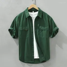 Camisas casuais masculinas 2024 ferramentas japonesas camisa de manga curta verão algodão fino solto top tendência duplo bolso meio casaco