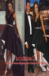 Preto Branco Cetim Alto Baixo Vestidos de Baile 2019 Sexy V Neck Hi Lo Cocktail Party Dress Simples Vestidos Formais Desgaste Da Noite Barato Homec2258726