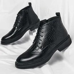 Black HBP Non-Brand Brogue Pattern Brown High Top Handsome Designers Durable Leather Ankle Boots Men