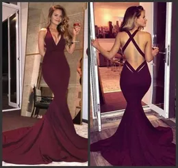 Abiti da sera formali semplici bordeaux Abiti da festa sexy con scollo a V e spalline incrociate Abiti da festa per le donne Sweep Train Backless 2019 New Fashion Prom7382314