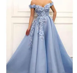 Designer Blue Off the Shoulder Prom Dresses 3D Flower Beading Abendkleider Evening Gowns Draped Long Prom Dress 20222416869