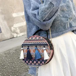 Umhängetaschen Frauen Umhängetasche PU Leder Harajuku Ethnischen Stil Runde Mädchen Rund Quaste Geometrische Plaid Handtasche Weibliche