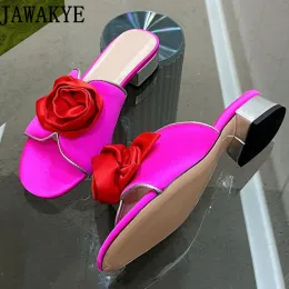 Slipare 2023 Jawakye Women Brand Slippers Square Heel Rose Pink Dress Slippers Formella damer Satinskor Kvinnor Flower Sandals