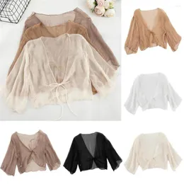 Scarves Women Casual 3/4 Sleeve Sheer Open Front Cardigan Summer Outerwear Chiffon Shawl Short Style Sweater With Strap