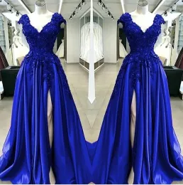 Royal Blue Satin A Line High Split Prom Dressess V Neck Lace Appliques Beaded Plus Size African Black Girls Evening Party Gowns Bc5082