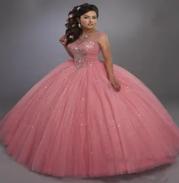 Платье Calypso Quinceanera 2022, иллюзия с круглым вырезом и шнуровкой на спине, блестящие кристаллы, сладкие 15 платьев, пышные вечерние платья7209980