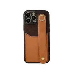 15 Pro iPhone Max Designer Apple için Telefon Kılıfı 14 13 12 11 XS 8 PLU PU Deri Bileklik Kayış Kartı Tutucu Cep Çiçek Baskı Arka Kapak Coque COQUE KAHVERENGİ