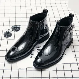 Boots black patent leather boots for men casual breathable smooth shoes young gentleman chelsea boot spring autumn cowboy ankle botas