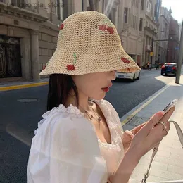 Wide Brim Hats Bucket Hats New 2022 Japan crochet beach Str hat womens summer cherry hat sunset fisherman hat breathable bucket hat Y240319